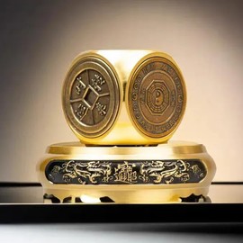 YUERVIEW Chinese Traditional Brass Feng Shui Energy Ornament, Six-Sided Auspicious Pattern Bring Wealth and Good Luck, Rotatable Stress Relief Spinner, Home Office Feng Shui Tabletop Decoration