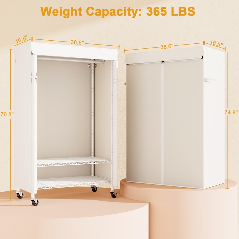ULIFHOME P6C Rolling Clothes Rack with Cover, Covered Clothing Racks