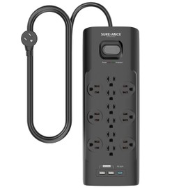 Sureance Power Strip Surge Protector with 20W PD USB-C, 1875W/15A, 4100J, 6FT Flat Plug Mountable Extension Cord with 12 Outlet+2 USB Port (Black)