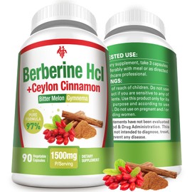 Berberine Supplement 1500mg - Premium Berberine HCl 97% Purity Plus Pure Ceylon Cinnamon, High Potency Berberine for Men Women Supports Immune System Non-GMO