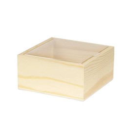 CALFOVERA 4.72×4.72×2.36 Inch Wooden Square Storage Box PapayaWhip Unfinished Gift Box with Sliding Design Clear Plastic Lid Jewelry Display Case Container for Jewelry Storage Gift Packaging DIY Craft