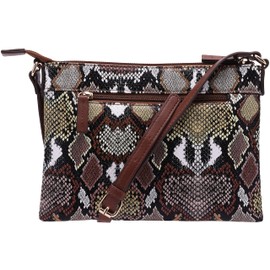B BRENTANO Vegan Multi-Zipper Crossbody Handbag Purse with Tassel Accents (Multi-Python Brown)