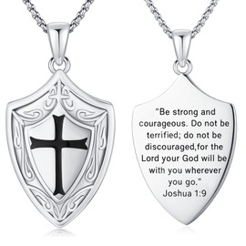 LES OSEWA Knights Templar Necklace Sterling Silver Armor of God Necklace Joshua 1:9 Shield Necklace Knights Templar Cross Pendant Armor of God Jewelry for Men Women (Black Cross)