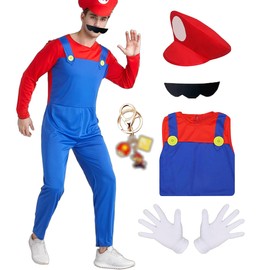 JMOCD Luigi Bros Costume, Super Brothers Plumber Cosplay for Fancy Dress, Carnival, Parent-Child Dressing (Red - Adult, M)