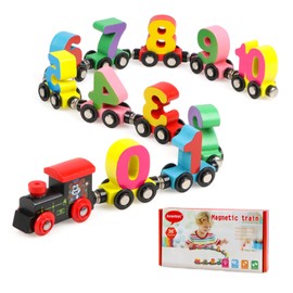 Jacootoys 12 Pieces Wooden Magnetic Number Train Set Includes 1 Motor Wooden Toy Cars with Numbers for Kids 3-5 Montessori Toys for Toddlers Boys Girls