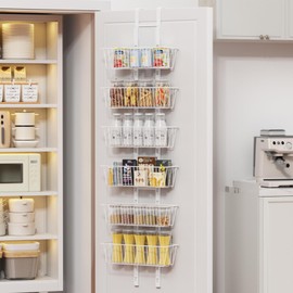 6 Tier Over the Door Pantry Organizer, Foldable Metal Over the Door Hanging Spice Rack with 6 Baskets, Adjustable Hanging Storage Rack for Kitchen, Bedroom, Laundry Room, Bathroom Essentials, White