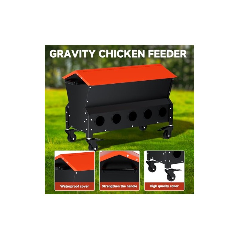120 LB Automatic Chicken Feeder, Metal Poultry Feeder with Wheels