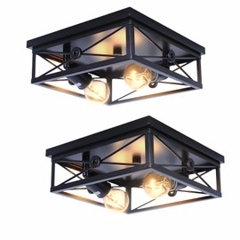 LOCLGPM 2-Lights Industrial Flush Mount Ceiling Light Fixture, Black Farmhouse Ceiling Light with Metal Frame, 2 Pack Square Ceiling Lamp for Hallway, Kitchen, Bedroom, Living Room