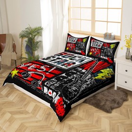 Manfei Rock Roll Duvet Cover Set Twin Size Headset and Guitar Print Bedding Set 2pcs for Kids Boys Teens Room Decor, Music Theme Comforter Cover Graffiti Style Bedspread Cover with 1 Pillowcase