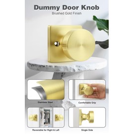 Probrico Dummy Door Knob Brushed Gold Finish, 2 Pack Standard Size Interior Door Handles Single Sided Dummy Door Handles, Flat Ball Knob for Closet