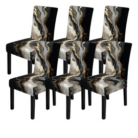FOREVER QUEEN Black Gold Marble Chair Covers Set of 6, Abstract Agate Design Chair Protectors,Modern Luxury Decor for Dining Room & Kitchen