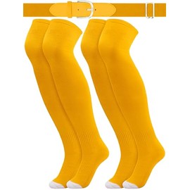 ROLVNHTV 3 Pcs Gold Long Baseball Socks and Belt Combo Gold Over Knee Sock Adult Knee High Athletic Stockings Softball belt for Men Women