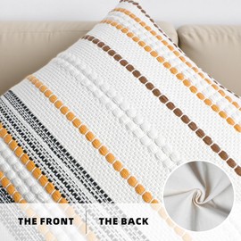 Lunofox Boho Throw Pillow Covers 16x16 Inch Set of 2, Soft Chenille Striped Square Pillow Cases for Couch Sofa Bedroom Living Room, Farmhouse Decorative Accent Neutral Bohemian Cushion Covers, Yellow