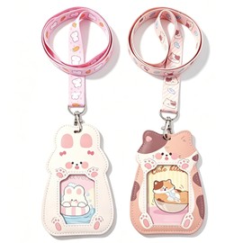 2 Pack Cute Badge Holder, Cartoon PU Leather ID Card Holders Case, Kawaii Cat Waterproof PU Leather Badge Holder, Photo Protector ID Cover Suitable for Girl Teacher Nurse