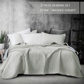 KASENTEX Quilted Coverlet 3-pc Mini Bedding Set - All Season Lightweight Ultra Soft Stone Washed Blanket - Heat-Pressed 2-Tone Reversible Color, King + 2 King Shams, Fairest Grey/Sky Blue