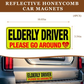 FSTURIOS 4PCS Senior Driver Magnet for Car, Reflective Elderly Driver Please Go Around Magnetic Bumper Sticker, Removable Weather-Resistant Senior Driver Safety Warning Sign Decal