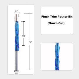 JXYUSXHJ VIC005 Down Spiral Flush Trim Router Bit with Double Ball Bearing, 1/4" Shank 1-1/8" Cutting Length Extra Long 3",Carbide Spiral Pattern Router Bit for Woodwoking(1/4S*1-1/8"CL*3" OVL)