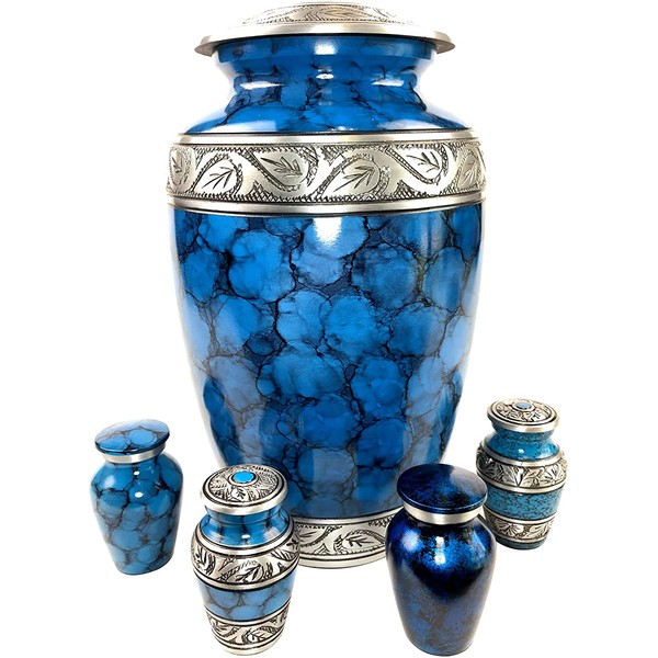 Cremation Urns for Human Ashes - Elegant Large Adult Urn + 4 Small Keepsake Mini Urns for Human Ashes Set | Beautiful Blue & Silver Engraved Funeral Urn for Human Ashes in Satin Lined Keepsake Box