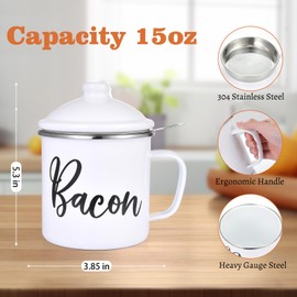 Bacon Grease Saver with Strainer - 15oz Enamel Grease Container, Farmhouse Bacon Grease Keeper For Kitchen Fat Storage, Dishwasher Safe- White