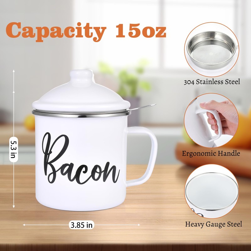Bacon Grease Saver with Strainer - 15oz Enamel Grease Container,