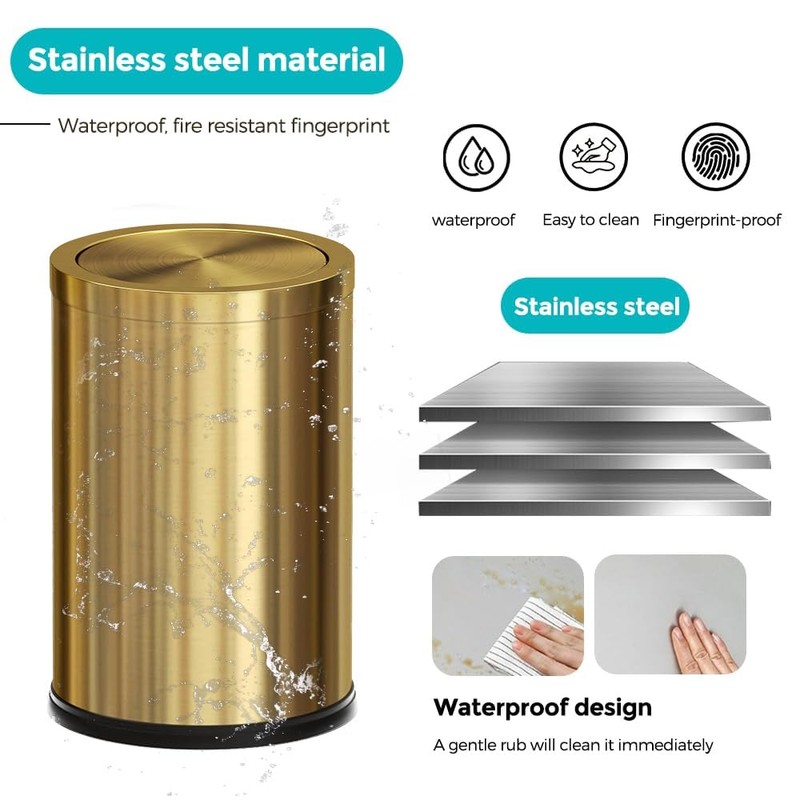 2.4 Gallon Brass Gold Bathroom Trash Can, Fancy Waste Basket