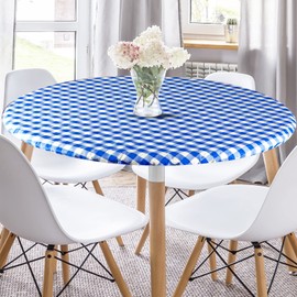 Sorfey Tablecover -Fitted with Elastic, Vinyl with Flannel Back, Fits for Table 42" Up-to 54" Round Stretchable Conveniently,Water Proof, Easy to Clean, Checked Blue Design