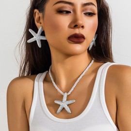 Silver Starfish Earrings Necklace Set Beach Jewelry for Women Summer Necklace Beach Starfish Necklace Starfish Jewelry Set