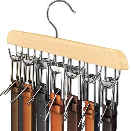 16 Hooks Wooden Belt Hanger, 360 Degree Rotating Space Saving Holder for Ties and Scarves, Sturdy Wood Rack for Closet (Wood Color)