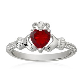 Heart Shaped Birthstone Claddagh Ring Made of 925 Sterling Silver - 6mm Heart Shaped Birthstone Ring, Irish Jewellery, Lucky Charm for Women, Size 6-9, 7, Gemstone, Garnet