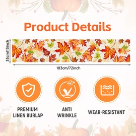 Fall Table Runner 72 x 13 Inch Thanksgiving Decorations, Linen Burlap Maple Leaves Pattern Table Cover for Autumn Harvest Thanksgiving Day, Seasonal Farmhouse Table Decor for Kitchen Dining Fireplace