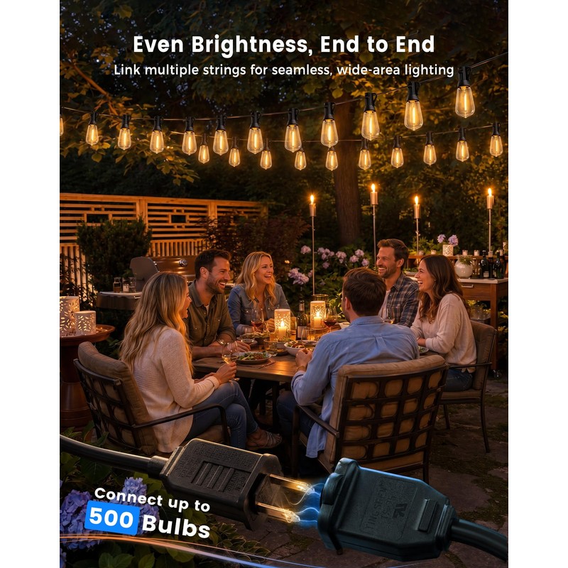 TONGZESS 60FT(50+10) String Lights Outdoor, 2FT Bulb Spacing, Waterproof Shatterproof