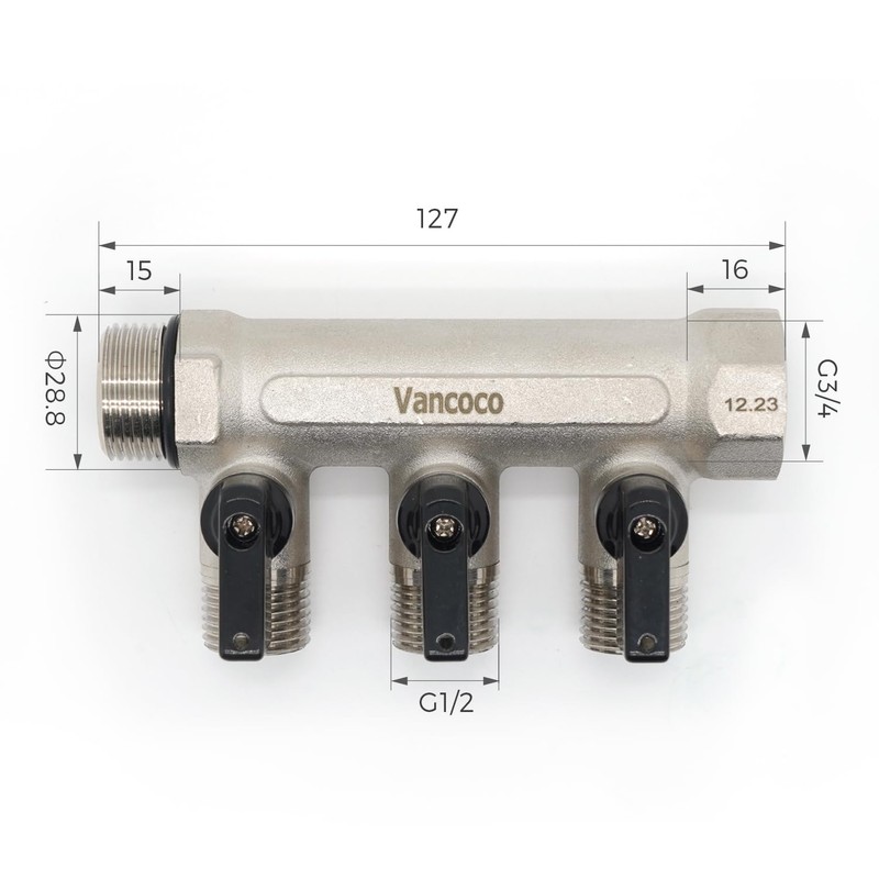 Vancoco Sanitary Brass Splitter Triple with Shut-Off Valve 3/4 Inch