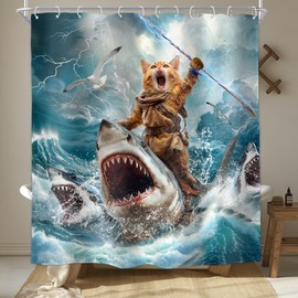 Homewelle Funny Cat Shower Curtain Riding Hilarious Shark Riding Shark Surfing Cool Beach Ocean Waves 72Wx72H Inch Blue Sky White Clouds for Boys Men Waterproof Polyester Fabric Bathroom Bathtub
