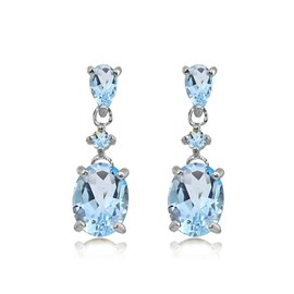 Sterling Silver Blue Topaz Oval Three Stone Drop Dangle Earrings for Women