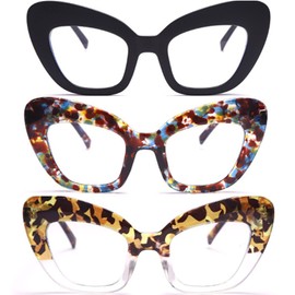 bullabulling 3Pack Oprah style Readers,Blue Light Blocking Computer Cat eye Reading Glasses for Women (balck/flower/leopard, 2.25)