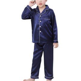Happy Cherry Kids Button Down Pajamas Set Comfortable Satin PJS Set Silk Lightweight Sleepwear Two Piece Solid Pajamas Long Sleeve Sleep Sleepwear Fashion Collar PJS Set Blue 9-10 Years
