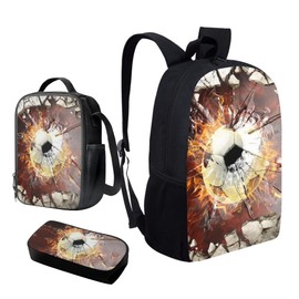 Bulopur Soccer Boys Girls School Computer Backpacks, Red Fire Foootball Lightweight Backpacks for Teen, Break Glass 3 Pcs Insulated Lunch Bag Pen Pencil Bag