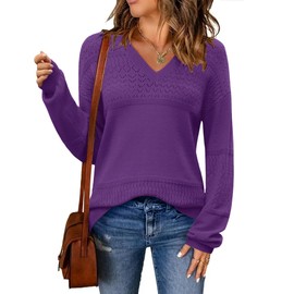Zeagoo Womens 2025 Fall Sweaters Casual Long Sleeve Ribbed Knit Pullover V Neck Pullover Sweater Top Womens Clothing Deep Purple