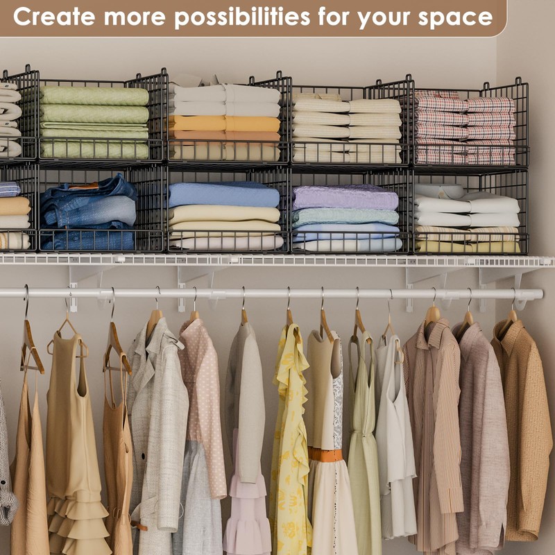 Stackable Closet Organizers and Storage Baskets, 4-Tier Closet Shelf Organizer