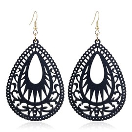 T-ztoss Wood Dangle Earrings for Women Natural Retro Lightweight Teardrop Hollow Wooden Earrings African Geometric Statement Earrings (Black)