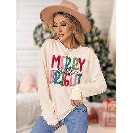 Christmas Sweatshirt Women Merry And Bright Christmas Pullover Shirt Novelty Chenille Patch Xmas Gift Holiday Top