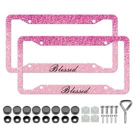 Pink Blessed License Plate Frames - 2 Pack Bling Print Hot Pink Aluminum Metal License Plate Holder Covers Car Accessory,Rust-Proof Waterproof Car Decorative Tag Frames for Standard US 12x6 Inch