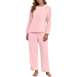 PrinStory Fluffy Pajamas for Women Winter Soft Fleece Warm Pajama Set Fuzzy Pjs Flannel 2 Piece Lounge Sets with Pockets Light Pink-XL