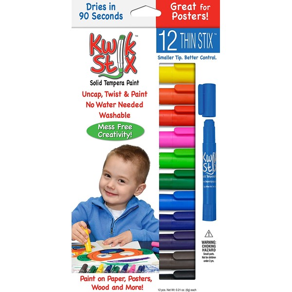 Pencil Grip Kwikstix Thin Stix Solid Tempera Paint, Super Quick Drying, 12 Classic Colors (TPG-608) Paint,Assorted classic.