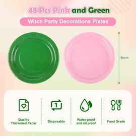 Houuqe 48Pcs Green and Pink Party Decorations 9 Inch Disposable Pink and Green Plates Birthday Supplies Tableware Set for Witch Princess Themed Party Wedding Baby Shower