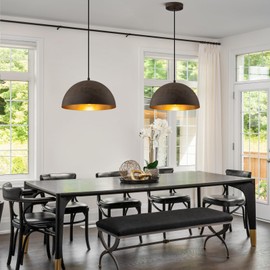 Yezgge Farmhouse Pendant Light,11.8" Black with Brown Grain Industrial Dome Chandelier,Adjustable Vintage Pendant Lights Kitchen Island for Dining Room,Bedroom,Hallway,2 Pack