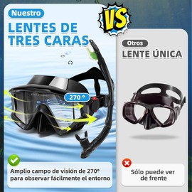 Nasjac Máscara de Snorkel Buceo Set para Adultos, Snorkel Frontal Natacion Gafas con 3 Ventanas Vista Panorámica de 270°, Antivaho, Antifugas Ajustable con Tapones para Oído para, Esnórquel, Natación