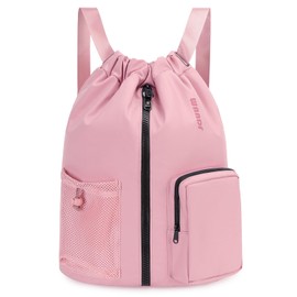 WANDF Drawstring Gym Bag Sports Backpack with Shoes Compartment Water-resistant Swimming Bag for Men Women Ideal for PE School Travel Beach (Pink)