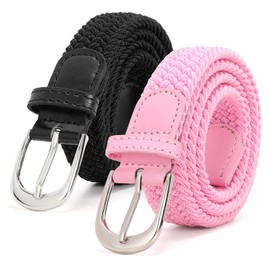 SUOSDEY Pack of 2 Woven Elastic Kids Belt for Boys Girls 2.5 cm Wide, 07. Black+Pink/Silver Buckle