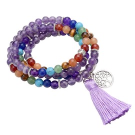 GEHECRST Jewellery 108 Beads Gemstone Mala Chain Mala Bracelet 7 Chakra Gemstone Buddha Buddhist Tibetan Prayer Chain Healing Reiki Yoga Chain Necklace with Tree of Life Pendant, Stone, Pearl